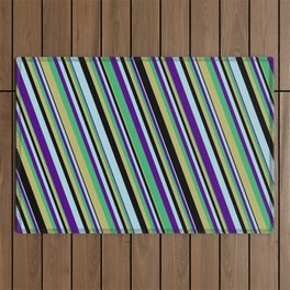 [ Thumbnail: Eye-catching Sea Green, Dark Khaki, Black, Light Blue, and Indigo Colored Striped/Lined Pattern Outdoor Rug ]