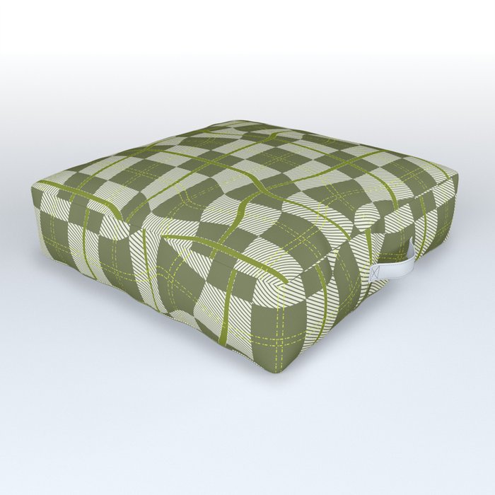 Warped Checkerboard Grid Illustration Olive Garden Green Outdoor Floor Cushion
