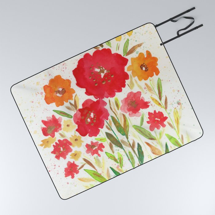 Red, Orange and Yellow Flowers in Watercolor Picnic Blanket