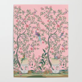 Chinoiserie Pink Fresco Floral Garden Birds Oriental Botanical Poster