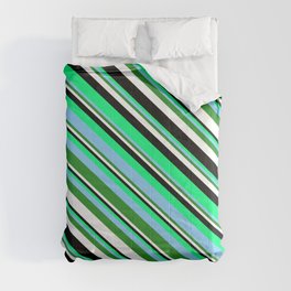 [ Thumbnail: Eyecatching Green, Light Sky Blue, Forest Green, White, and Black Colored Lines Pattern Comforter ]