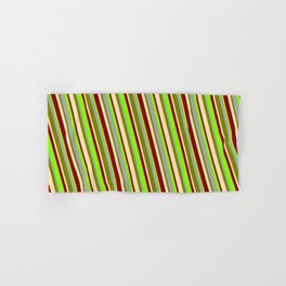 [ Thumbnail: Eye-catching Dark Grey, Green, Beige, Dark Red, and Chartreuse Colored Lined/Striped Pattern Hand & Bath Towel ]