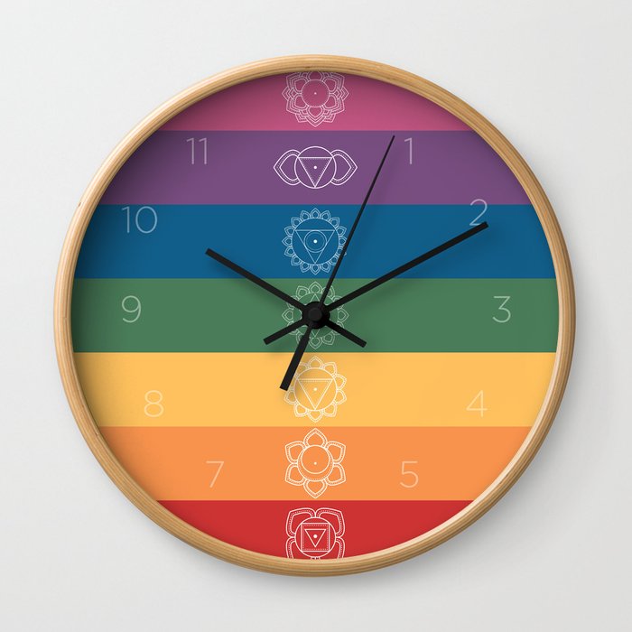 Seven Chakra Mandalas on a Striped Rainbow Color Background Wall Clock
