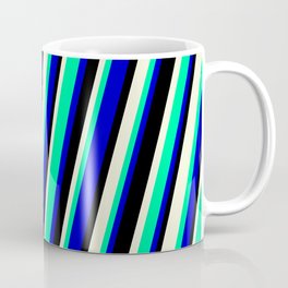 [ Thumbnail: Beige, Green, Blue, and Black Colored Striped/Lined Pattern Coffee Mug ]