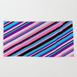 [ Thumbnail: Eyecatching Deep Sky Blue, Purple, Light Grey, Hot Pink, and Black Colored Lined Pattern Beach Towel ]