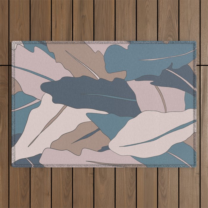 Minimal Drawn Leaves Pattern in Muted Summer Blues Outdoor Rug