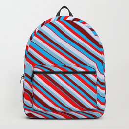 [ Thumbnail: Eyecatching Sky Blue, Dark Red, Deep Sky Blue, Red & Lavender Colored Lines/Stripes Pattern Backpack ]