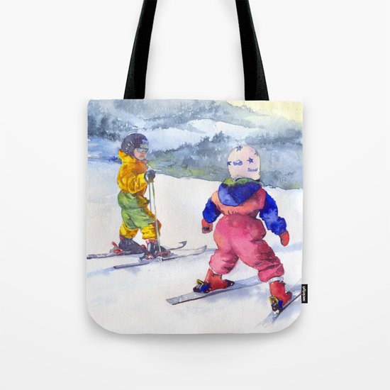 Watercolor skiing, skiers kids Tote Bag