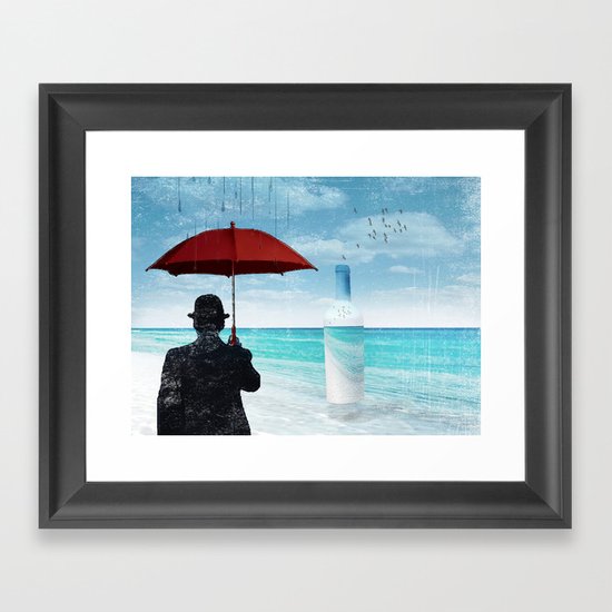 Chaplin at the beach in the rian Framed Art Print