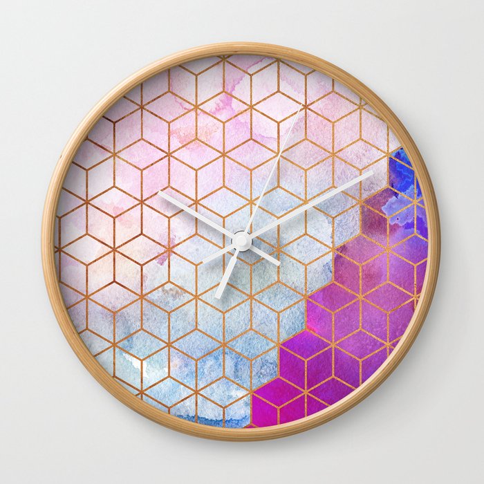 Gold Hexagons + Purple Watercolor Wall Clock