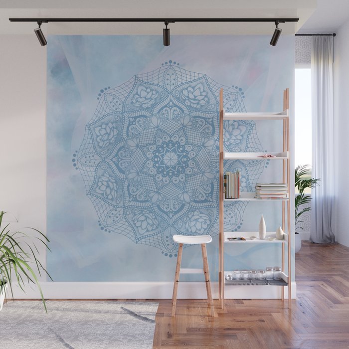 Blue Lotus Flower Mandala on Blue & Pink Fantasy Background Wall Mural