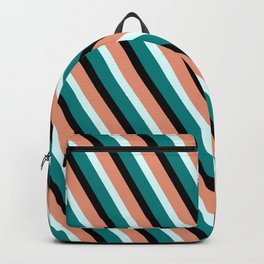 [ Thumbnail: Dark Salmon, Light Cyan, Teal & Black Colored Lined/Striped Pattern Backpack ]