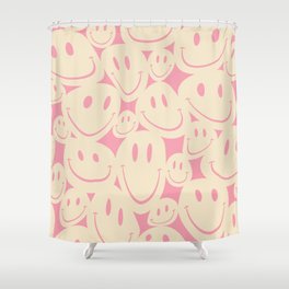 Cream & Pink Wonky Smiley Faces Shower Curtain