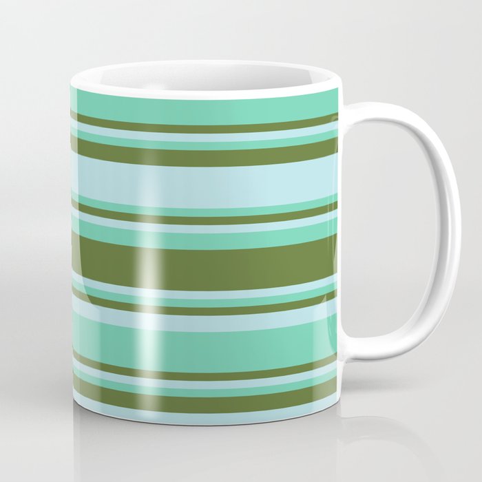 Aquamarine, Dark Olive Green, and Powder Blue Colored Stripes/Lines Pattern Coffee Mug