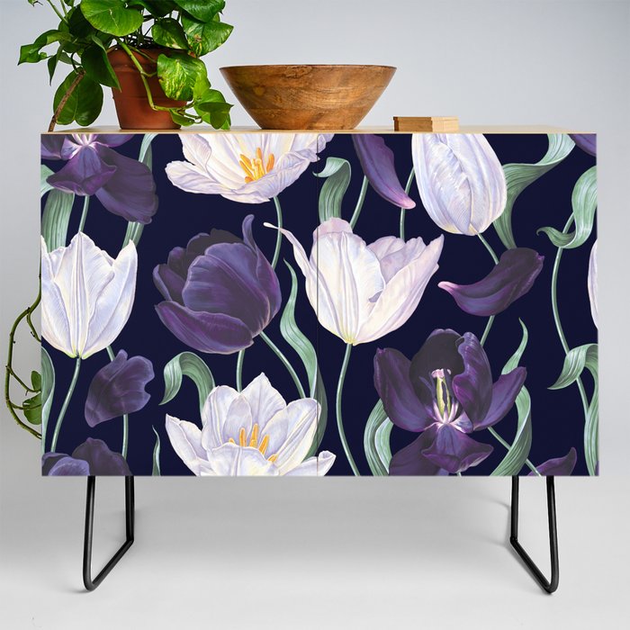 Purple and White Tulip Floral Prints on Navy Blue Credenza