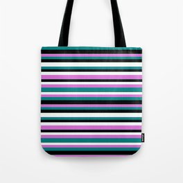 [ Thumbnail: Orchid, Teal, Black, and Mint Cream Colored Striped/Lined Pattern Tote Bag ]