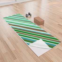 [ Thumbnail: Colorful Light Sea Green, Brown, Aquamarine, Green & Mint Cream Colored Lined/Striped Pattern Yoga Towel ]