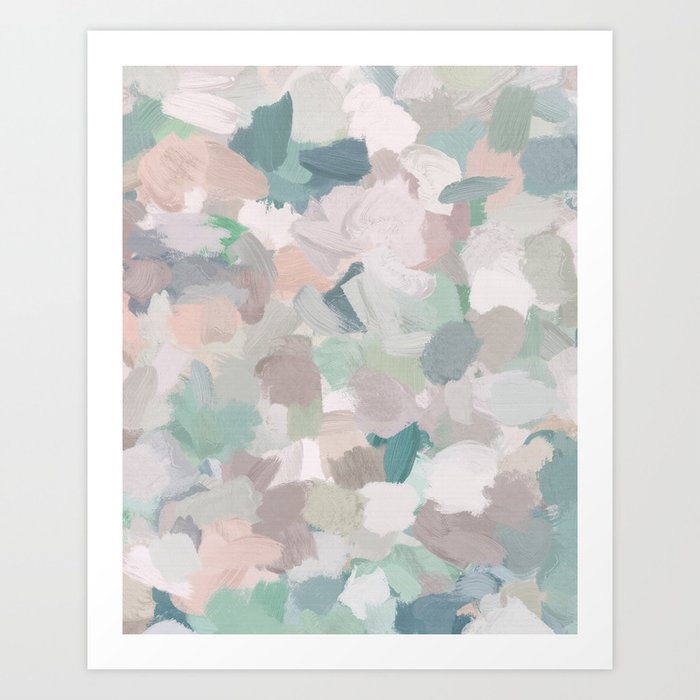 Fuzzy Flowers I - Mint Seafoam Green Dusty Rose Blush Pink Abstract Nature Spring Painting Print Art Print