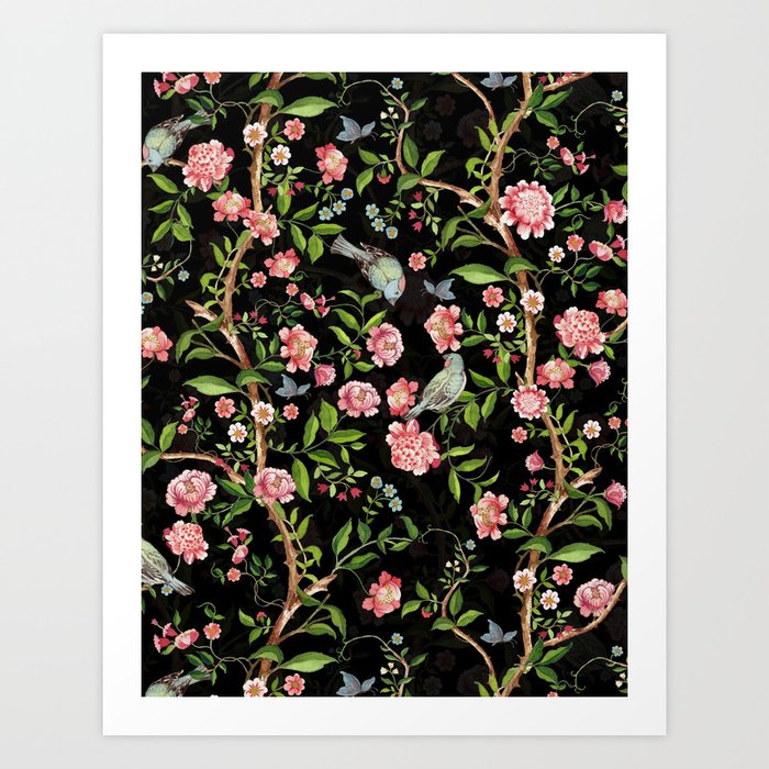 Vintage & Shabby Chic - Antique Midnight Botanical Chinoiserie Garden With Flowers Birds  Art Print