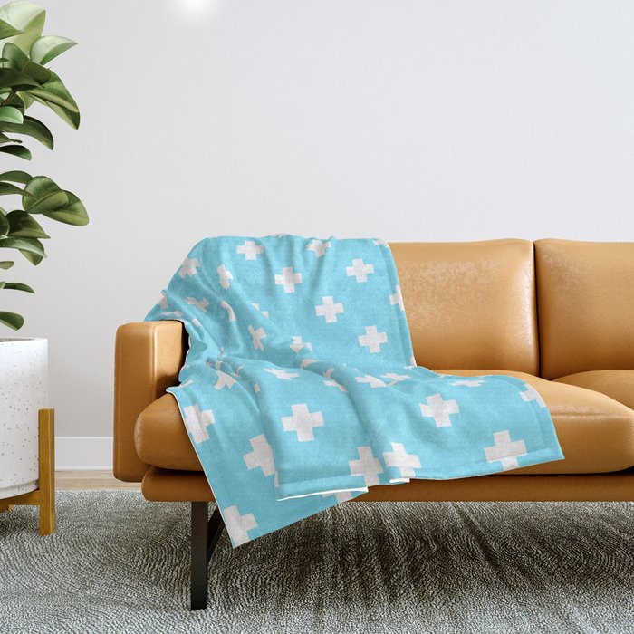 White Swiss Cross Pattern on Turquoise background Throw Blanket