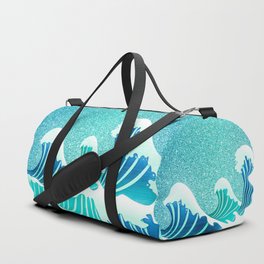 Abstract White Navy Blue Teal Glitter Japanese Waves Duffle Bag