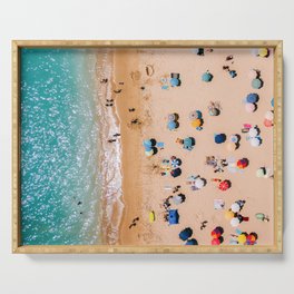 People On Algarve Beach In Portugal, Drone Photography, Aerial Photo, Ocean Wall Art Print Serving Tray