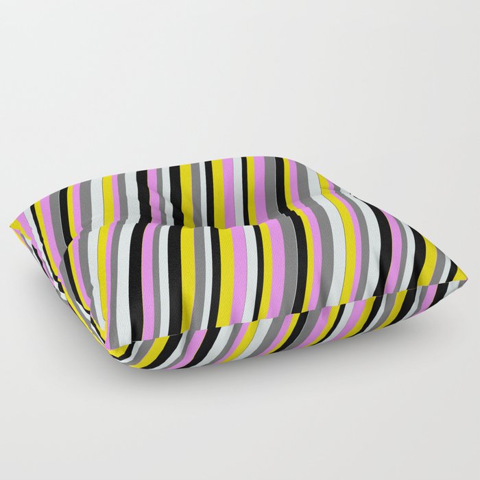 Eye-catching Violet, Dim Grey, Light Cyan, Black & Yellow Colored Lined Pattern Floor Pillow