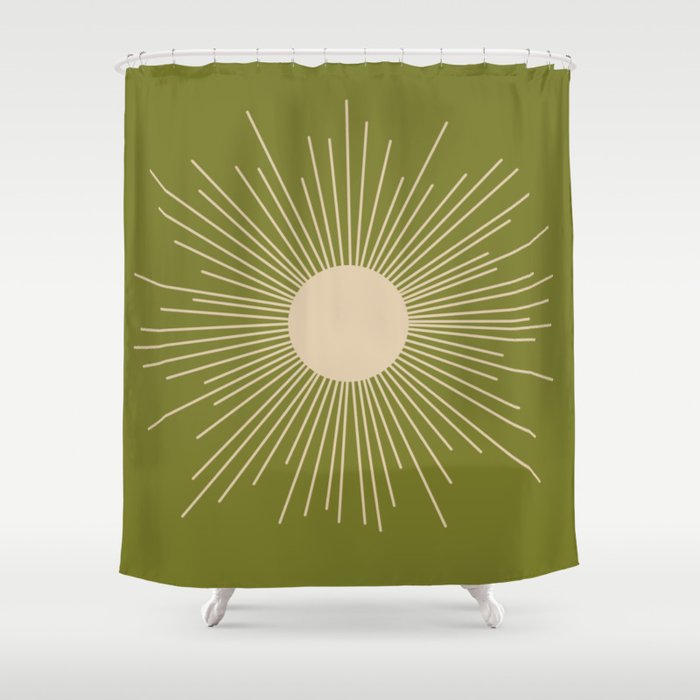 Mid-Century Modern Sunburst - Minimalist Sun in Mid Mod Beige and Olive Green Shower Curtain
