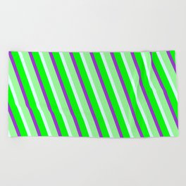 [ Thumbnail: Dark Orchid, Green, Light Cyan & Lime Colored Lined Pattern Beach Towel ]