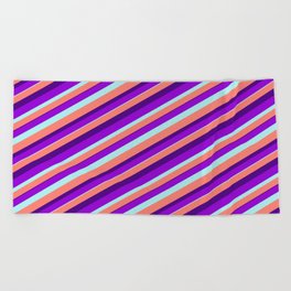 [ Thumbnail: Dark Violet, Turquoise, Salmon, and Indigo Colored Lined Pattern Beach Towel ]