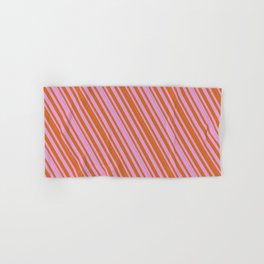 [ Thumbnail: Chocolate and Plum Colored Lined/Striped Pattern Hand & Bath Towel ]