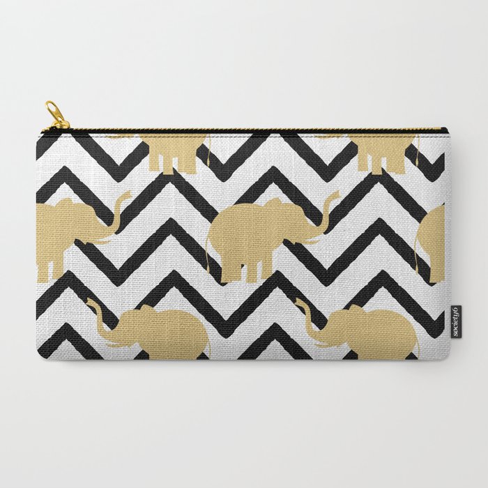 Elephant Gold Silhouette On Abstract Black Chevron Carry All Pouch