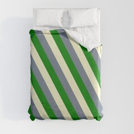 [ Thumbnail: Light Yellow, Slate Gray, and Green Colored Lined Pattern Duvet Cover ]