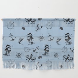 Pale Blue And Black Silhouettes Of Vintage Nautical Pattern Wall Hanging
