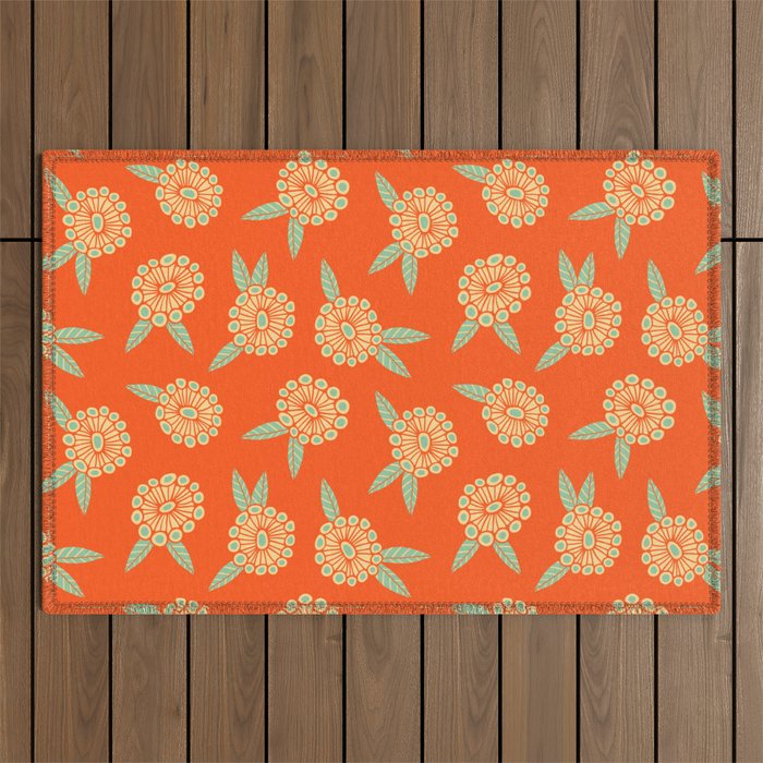 WARM AND SUNNY Bright Floral in Orange Green Yellow Outdoor Rug