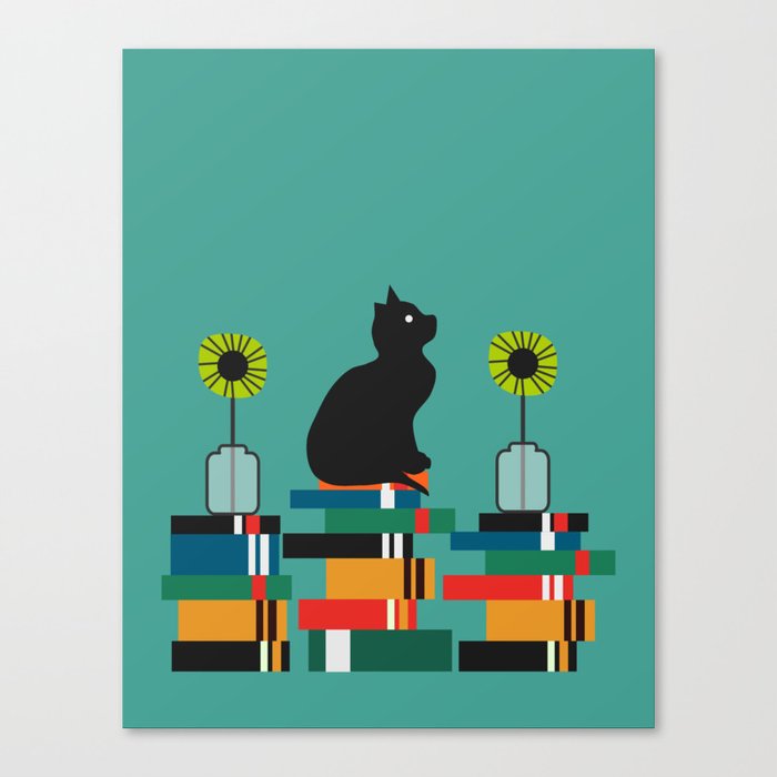 Cat, books and flowers Canvas Print