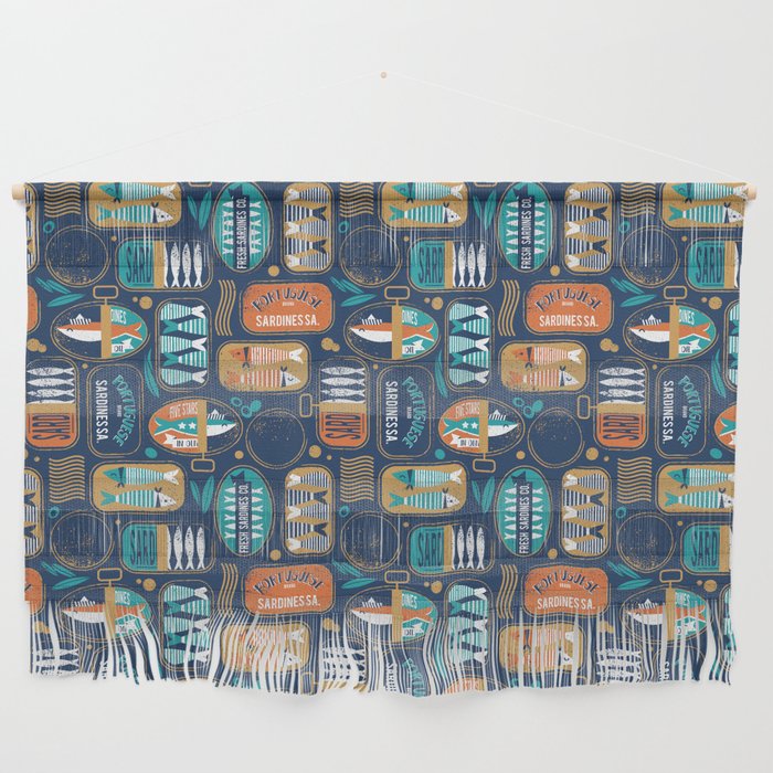 Vintage canned sardines // navy blue background peacock teal and gold drop orange cans  Wall Hanging