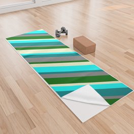 [ Thumbnail: Vibrant Gray, Dark Green, Light Yellow, Aqua, and Teal Colored Lines Pattern Yoga Towel ]