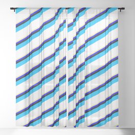 [ Thumbnail: Vibrant Tan, Blue, Black, Deep Sky Blue, and White Colored Striped/Lined Pattern Sheer Curtain ]