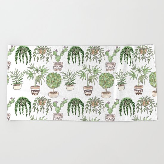 Watercolor cartoon sketch house plants in pots Beach Towel