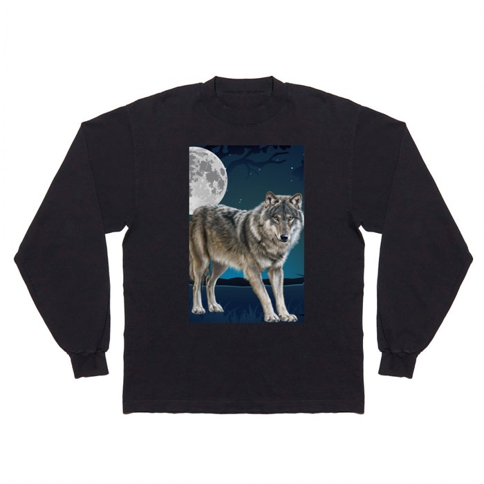 Wolf and Moon Long Sleeve T Shirt