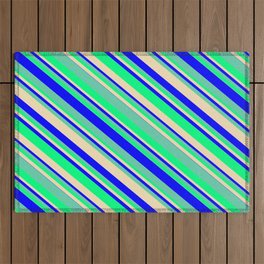 [ Thumbnail: Tan, Blue, Aquamarine & Green Colored Lines Pattern Outdoor Rug ]