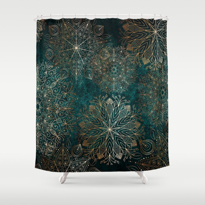 Gold & Teal Flowers & Leaves Floral Mandala Pattern  Shower Curtain