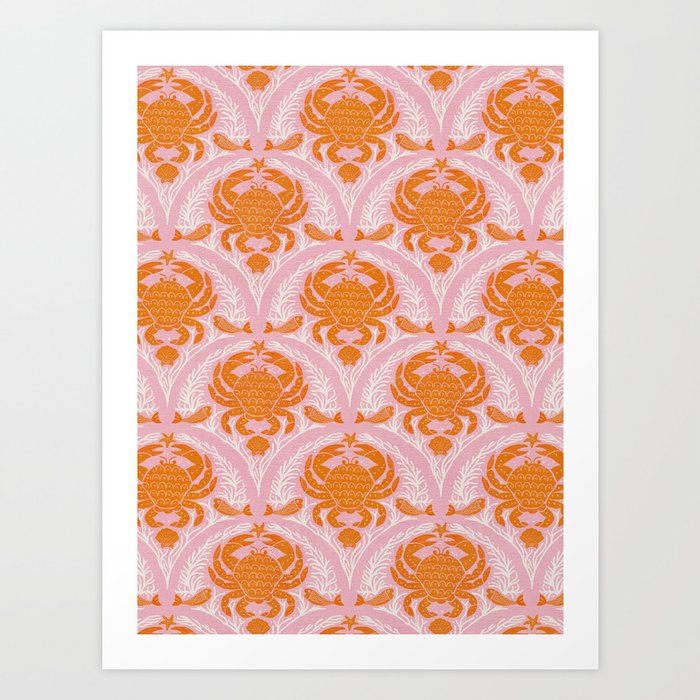 Orange Crab On Pink Pattern Art Print