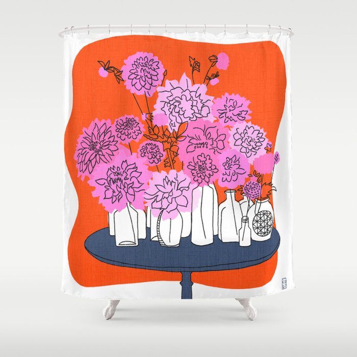 Retro Spring Floral Bouquet Pink and Red Shower Curtain