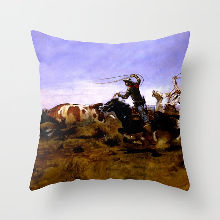 “Cowboys Roping a Steer” by Charles M Russell Throw Pillow