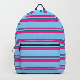 [ Thumbnail: Dark Cyan, Deep Pink, and Light Sky Blue Colored Lined Pattern Backpack ]
