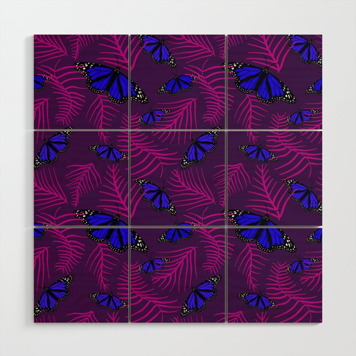 blue butterfly in purple with pink Wood Wall Art