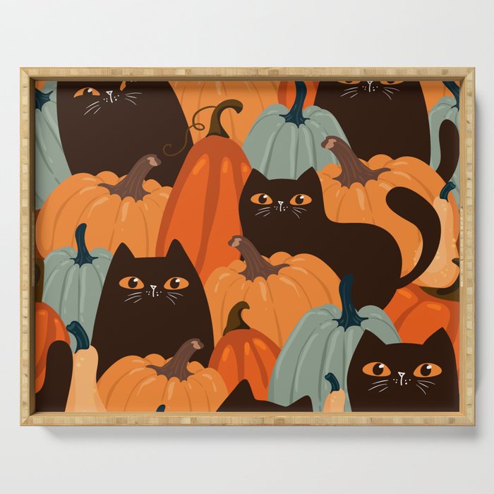 Cute seamless pattern with black cats and pumpkins. Trendy autumn colors. Vintage illustration Serving Tray