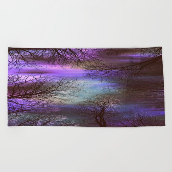 midnight trees purple green teal Beach Towel